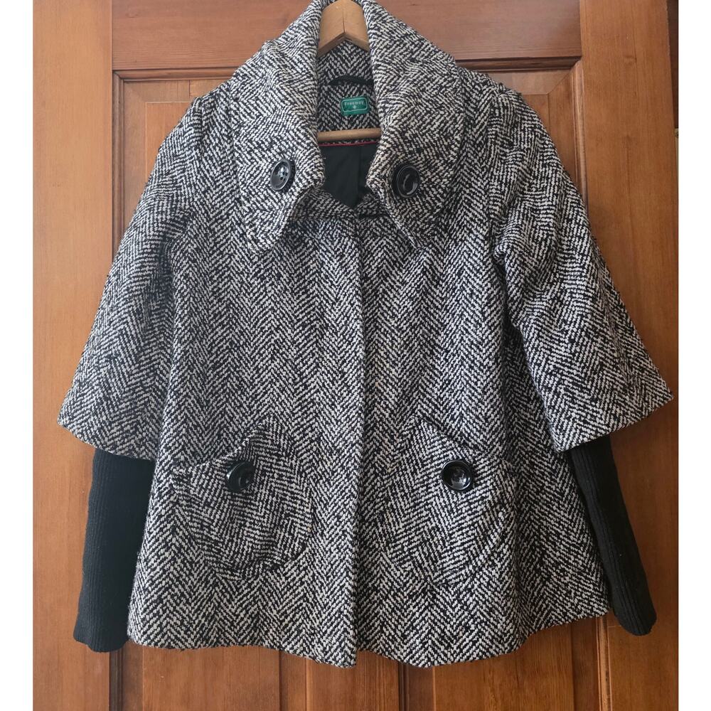 Vintage Y2K Freeway Wool Blend Herringbone Cape Coat Sweater Sleeves Small